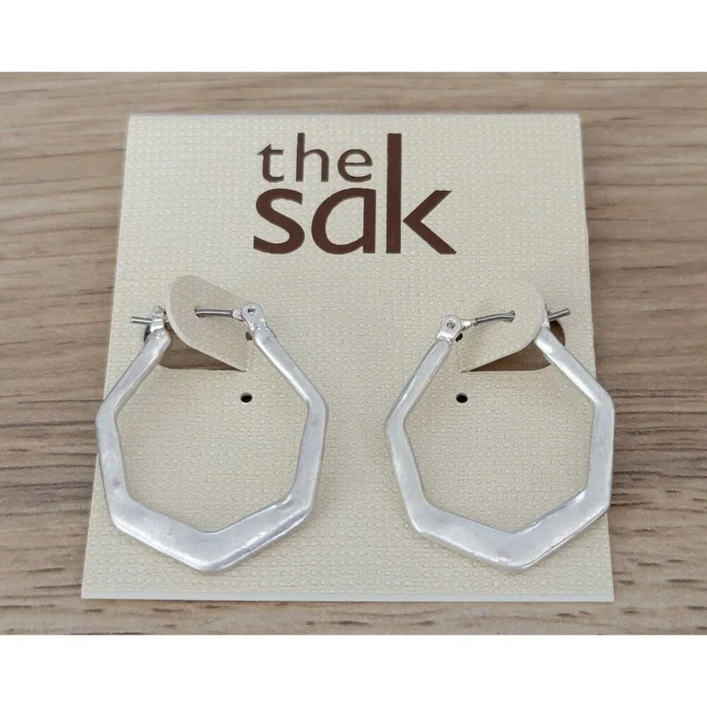 The Sak Silver Hexagon Hoop Earrings Modern Geometric Style NWT - Picture 1 of 3